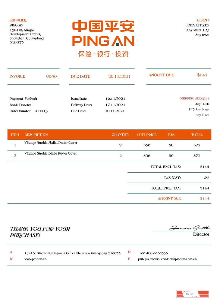 USA Ping An invoice PSD template